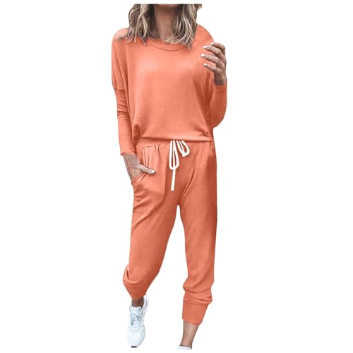 Awrvia Jogginganzug Damen Lang Set Baumwolle Modische Freizeitanzug Einfarbig Vintage Trainingsanzug Frauen Slim Sportanzug Bequemer Fitnessanzug mit Taschen Sweatshirt Oversized Hoodie Zweiteiler von Awrvia