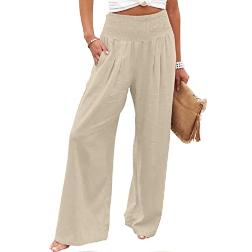 Awrvia Jogginghose Damen Sommer Leinenhose Elastische Taille Bequeme Freizeithose mit Weitem Bein und Taschen Strandhose High Waist Stoffhose Lang Leichter Yogahose Einfarbiges Sporthosen von Awrvia