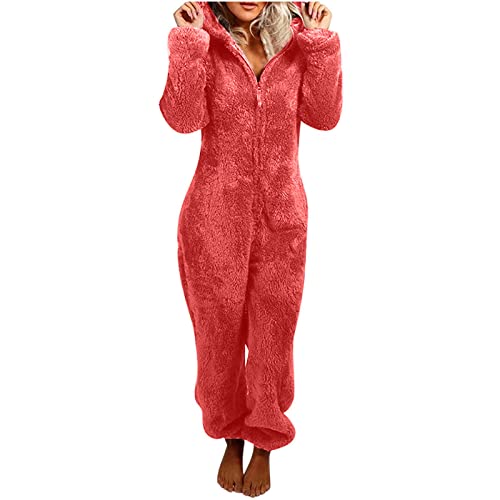 Awrvia Jumpsuit Damen Elegant Onesie Teddy Fleece Einteiler Onesie Schlafanzug Winter Große Größe Overall Kuschelig Lang Pyjama Flauschig Weich Hausanzug mit 3D Kapuze Reißverschluss Schlafoverall von Awrvia