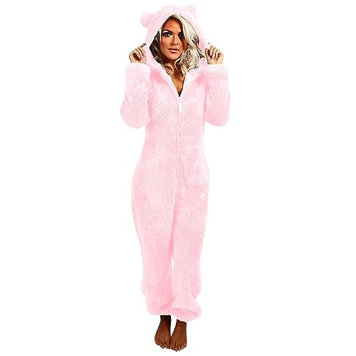 Awrvia Jumpsuit Damen Große Größe Overall Teddy Fleece Einteiler Onesie Lang Bequemer Pyjama Flauschig Plüsch Hausanzug Anzug Warm Schlafanzug Flauschig und Kuschelig Hooded mit Ohren Loungewear von Awrvia