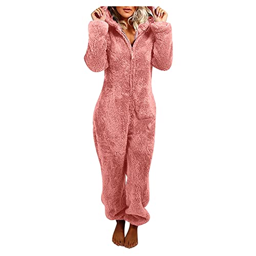 Awrvia Jumpsuit Damen Winter Overall Teddy Fleece Einteiler Onesie Warm Elegant Schlafanzug Kuschelig Lang Pyjama Flauschig Weich Hausanzug mit Kapuze Reißverschluss Schlafoverall Lässig Homewear von Awrvia