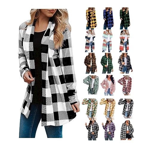 Awrvia Karierte Jacke Damen Langarm Kapuzenjacke mit Seitentaschen Freizeitmantel Baumwolle Mode Flanellhemd Weiches Casual Holzfällerhemd Button down Wintermantel für Herbst Übergangsjacke von Awrvia