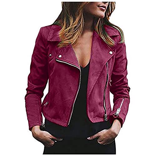 Awrvia Kunstlederjacke Damen Motorrad Oversized Jacke klassisch Bikerjacke Elegant Retro Lederjacke Reißverschluss Mantel Kurz Leicht Übergangsjacke Vegan Mode Windjacke Outdoor Mantel von Awrvia