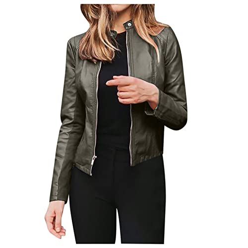 Awrvia Kunstlederjacke Damen Oversized Jacke Elegant Retro Lederjacke Reißverschluss Mantel Motorrad klassisch Bikerjacke Kurz Leicht Übergangsjacke Vegan Mode Windjacke Outdoor Mantel von Awrvia