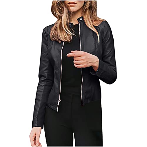 Awrvia Kunstlederjacke Damen Oversized Jacke Elegant Retro Lederjacke Reißverschluss Mantel Motorrad klassisch Bikerjacke Kurz Leicht Übergangsjacke Vegan Mode Windjacke Outdoor Mantel von Awrvia