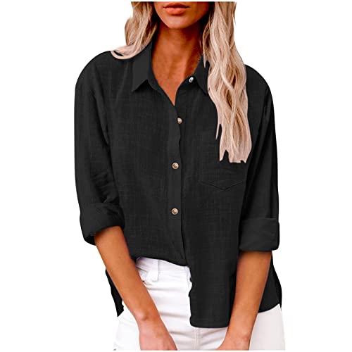 Awrvia Leinenhemd Damen Knopfleiste Leinenbluse Elegant Baumwolle Oberteile Langarm Revers Bluse Einfarbig Tops V Ausschnitt Große Größen Blusenshirt Leinen Leichter Hemden Angebot des Tages von Awrvia