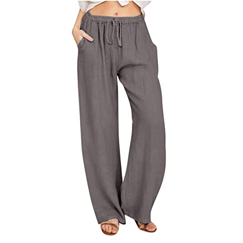 Awrvia Leinenhose Damen Sommer Freizeit Hose Lang Locker Sommerhose Casual Einfarbig Leinenhose Baumwolle Gerades Bein Bequeme Stoffhose Leicht Einfarbig Strandhose mit Kordelzug und Taschen von Awrvia