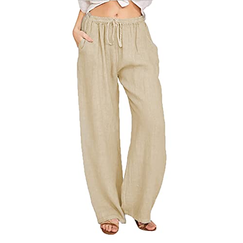 Awrvia Leinenhose Damen Sommer Freizeit Hose Lang Locker Sommerhose Casual Einfarbig Leinenhose Baumwolle Gerades Bein Bequeme Stoffhose Leicht Einfarbig Strandhose mit Kordelzug und Taschen von Awrvia