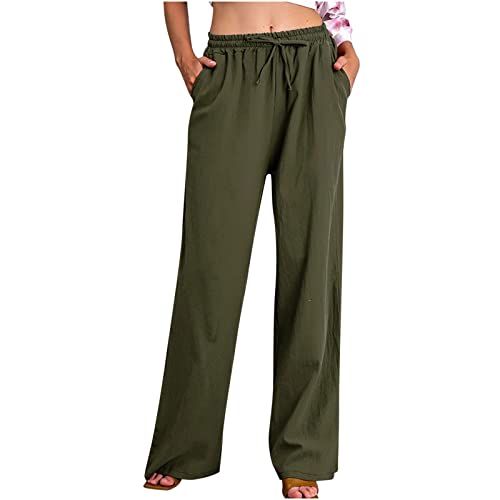 Awrvia Leinenhose Damen Sommer Freizeit Hose Lang Locker Sommerhose Casual Einfarbig Leinenhose Baumwolle Gerades Bein Bequeme Stoffhose Leicht Einfarbig Strandhose mit Kordelzug und Taschen von Awrvia