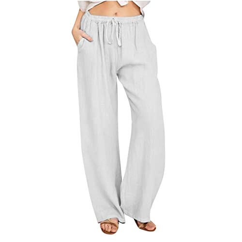 Awrvia Leinenhose Damen Sommer Freizeit Hose Lang Locker Sommerhose Casual Einfarbig Leinenhose Baumwolle Gerades Bein Bequeme Stoffhose Leicht Einfarbig Strandhose mit Kordelzug und Taschen von Awrvia