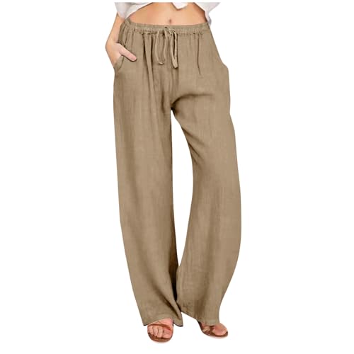 Awrvia Leinenhose Damen Sommer Freizeit Hose Lang Locker Sommerhose Casual Einfarbig Stoffhose Baumwolle Gerades Bein Jogginghose Bequeme Traininghose Leicht Strandhose mit Kordelzug und Taschen von Awrvia