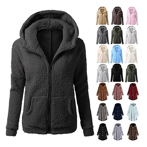 Awrvia Plüschjacke Damen Elegant Teddyfleece Lässige Mode Sweatshirt Übergang Warm Softshelljacke mit Kapuze und Taschen Winterjacke Reißverschluss Weich Herbstjacke 2023 Oversize Kuscheljacke von Awrvia