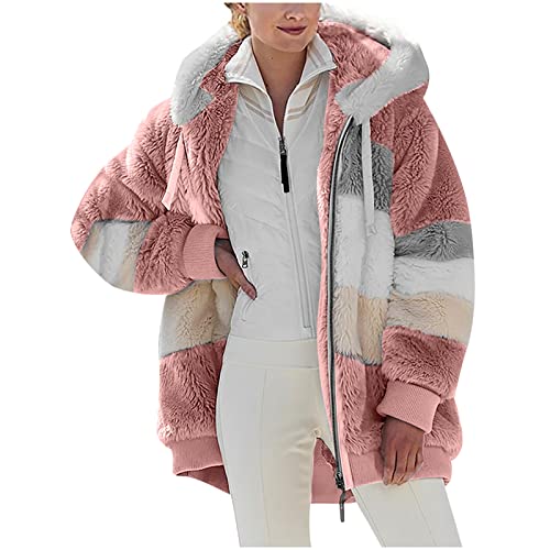 Awrvia Plüschjacke Damen Flauschig Fleecejacke Lässige Winddichter Mantel mit Tasches Kapuzenjacke Teddy Fleece Winterjacke Mode Warm Hoodie Reißverschluss Weiche Jacken Sportlicher Oberteile von Awrvia