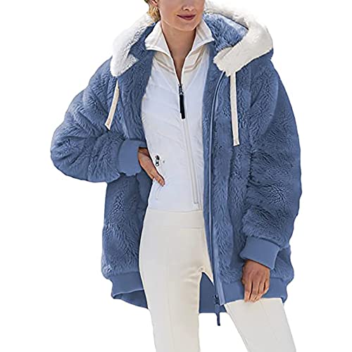 Awrvia Plüschjacke Damen Flauschig Fleecejacke Lässige Winddichter Mantel mit Tasches Kapuzenjacke Teddy Fleece Winterjacke Mode Warm Hoodie Reißverschluss Weiche Jacken Sportlicher Oberteile von Awrvia