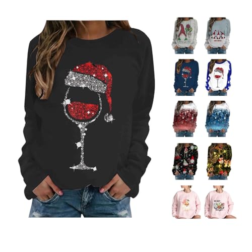 Awrvia Pullover Damen Baumwolle Weihnachtspullover Drucken Lustig Sweatshirt Langarm Rundhals Pullover Herbst Winter Weihnachtspulli Locker Casual Pulli Teenager Black Friday Angebote 2023 von Awrvia