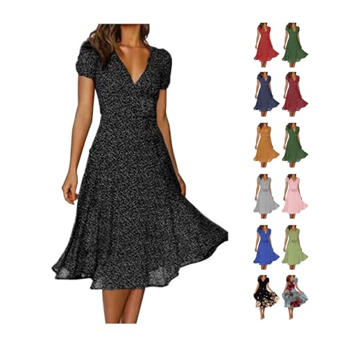 Awrvia Rockabilly Kleider Damen Elegant Sommerkleid Lang Kurzarm Abendkleid Atmungsaktive V-Ausschnitt Cocktailkleid Formal Bescheiden Kirche Kleid für Hochzeitsgast Piratinkleid Retro Tanzkleid von Awrvia