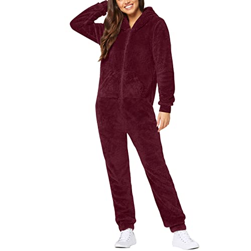 Awrvia Schlafanzug Damen Lang Onesie Jumpsuit Winter Einteiler Pyjama Teddy Fleece Hausanzug Flauschig Ganzkörperanzug mit Zip Hoodie Mode Warm Wintermantel Leichte Kuschelig Schlafoverall von Awrvia