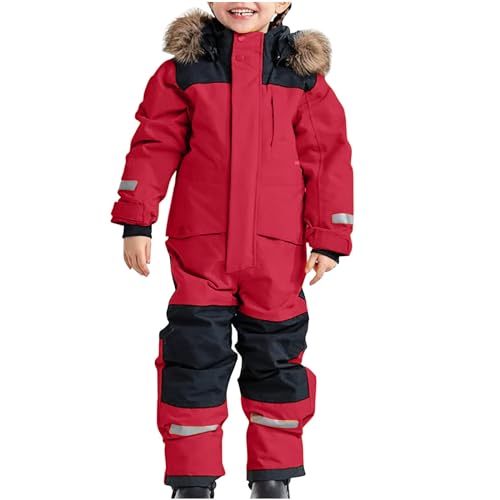 Awrvia Schneeanzug Kinder Warmes Daunenjacke Set Wasserdichter Winter Skijacke Softshell Dickere Skihose Fellkragenkapuze Winddichter Skianzug Reflektierenden Streifen Schneeoverall (100, 03-rot) von Awrvia