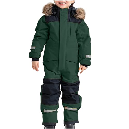 Awrvia Schneeanzug Kinder Warmes Daunenjacke Set Wasserdichter Winter Skijacke Softshell Dickere Skihose Fellkragenkapuze Winddichter Skianzug Reflektierenden Streifen Schneeoverall (110, 03-grün) von Awrvia