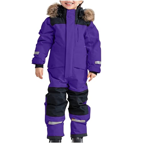 Awrvia Schneeanzug Kinder Warmes Daunenjacke Set Wasserdichter Winter Skijacke Softshell Dickere Skihose Fellkragenkapuze Winddichter Skianzug Reflektierenden Streifen Schneeoverall (120, 03-lila) von Awrvia