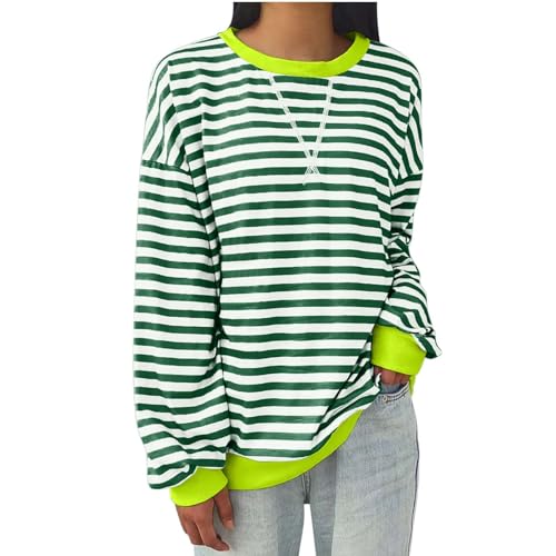 Awrvia Sweatshirt Damen Oversize Pullover Gestreift Farbblock Langarmshirt Rundhalsausschnitt Baumwolle Pulli Lässig Locker Y2K-Shirt Langarm Sportshirt Herbst Winterpullover Leichter Oberteile von Awrvia