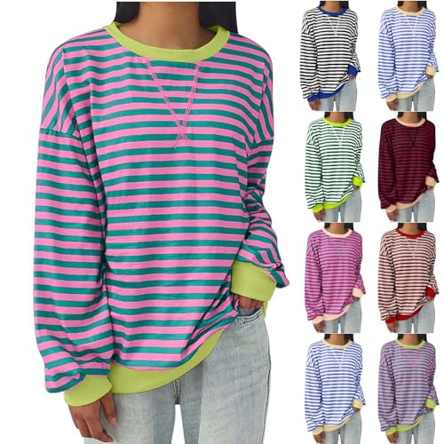 Awrvia Sweatshirt Damen Oversize Pullover Gestreift Farbblock Langarmshirt Rundhalsausschnitt Baumwolle Pulli Lässig Locker Y2K-Shirt Langarm Sportshirt Herbst Winterpullover Leichter Oberteile von Awrvia