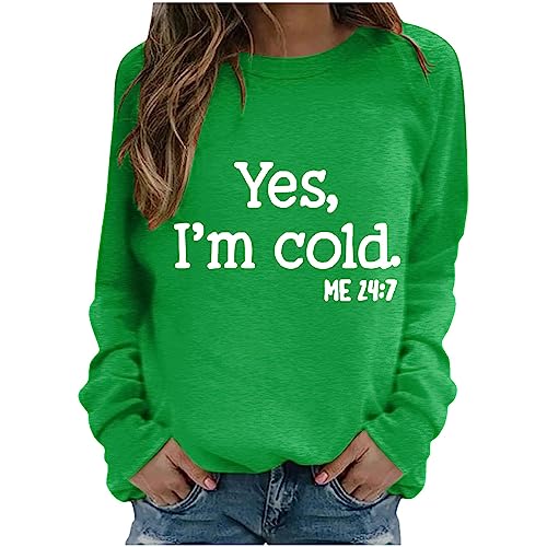 Awrvia Sweatshirt Damen ohne Kapuze Langarmshirt Übergroße Streetwear Vintage Rundhals Pullover Oversized Casual Oberteile Einfarbig Bequeme Pulli Yes I'am Cold Briefe Drucken Kleidung Coole Tops von Awrvia