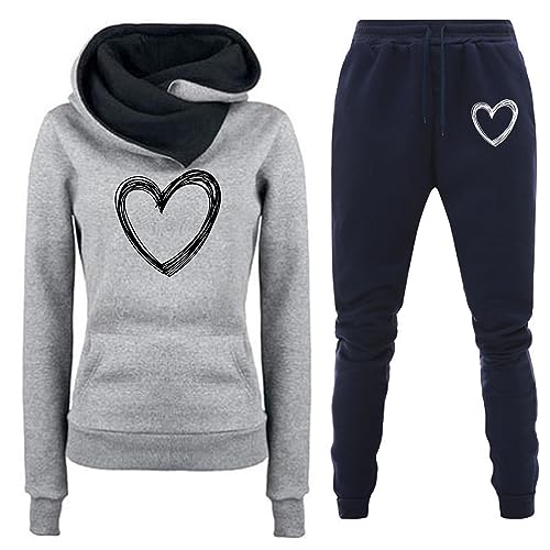 Awrvia Trainingsanzug Damen 2-Teilig Set Heartbeat Druck Hoodies Lockere Modische Jogginghosen Y2K Hose Zweiteiler Sportlich Pullover Lässig Sporthosen 2 Stück Freizeitanzug Lang Kapuzenjacke von Awrvia