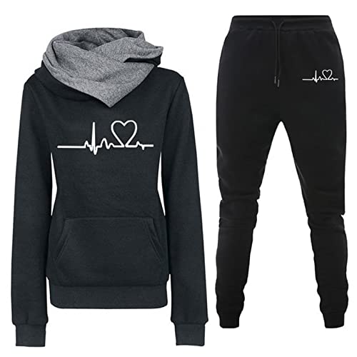 Awrvia Trainingsanzug Damen 2-Teilig Set Heartbeat Druck Jogginghosen Lockere Modische Hoodies Y2K Hose Zweiteiler Sportlich Freizeitanzug Lang Elastische Sporthosen 2 Stück Thermounterwäsche von Awrvia