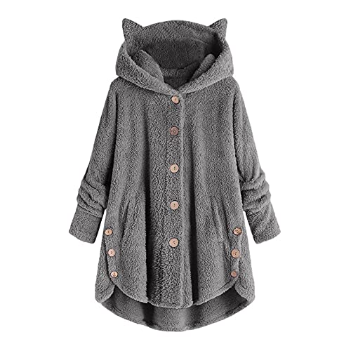 Winterjacke Damen Lang Teddyjacke Outdoor Kawaii Cardigan mit Kapuze und Knopf Hoodie Einfarbig Hochwertige PlüSchjacke Oversize Warm Kapuzenpullover Sweatshirt Mode Lammwoll Parka Mantel von Awrvia