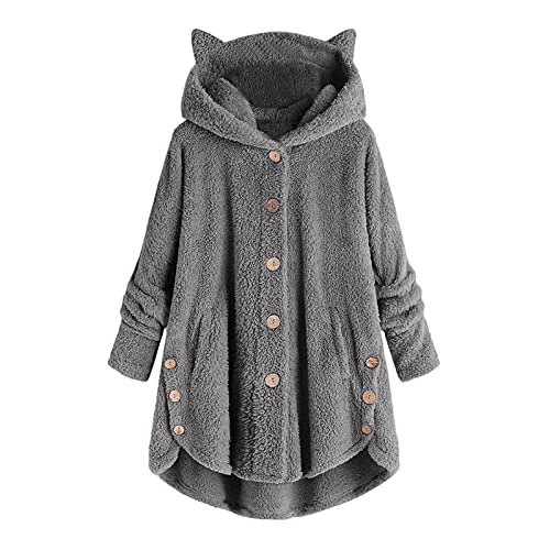 Awrvia Winterjacke Damen Lang Teddyjacke Outdoor Kawaii Cardigan mit Kapuze und Knopf Hoodie Einfarbig Hochwertige PlüSchjacke Oversize Warm Kapuzenpullover Sweatshirt Mode Lammwoll Parka Mantel von Awrvia