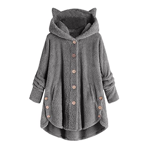 Awrvia Winterjacke Damen Lang Teddyjacke Outdoor Kawaii Cardigan mit Kapuze und Knopf Hoodie Einfarbig Hochwertige PlüSchjacke Oversize Warm Kapuzenpullover Sweatshirt Mode Lammwoll Parka Mantel von Awrvia