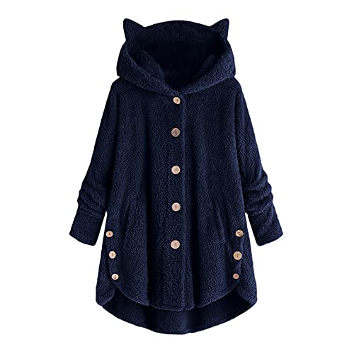 Awrvia Winterjacke Damen Lang Teddyjacke Outdoor Kawaii Cardigan mit Kapuze und Knopf Hoodie Einfarbig Hochwertige PlüSchjacke Oversize Warm Kapuzenpullover Sweatshirt Mode Lammwoll Parka Mantel von Awrvia