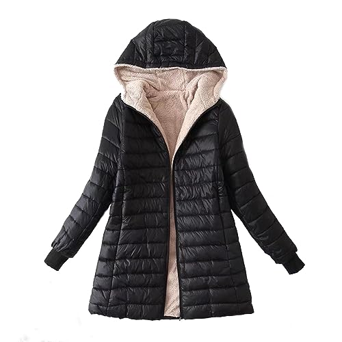 Awrvia Winterjacke Damen Warme Steppjacke Verdicken Lang Softshelljacke Fleece Gesteppte Wintermantel mit Kapuze Sportjacke Elegant Winterparka Mantel Winddichter Funktions Übergangsjacke von Awrvia