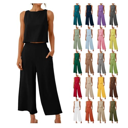 Awrvia Zweiteiler Sommer Damen 2025 Elegant Hosenanzug Ärmello Kurzarm Top und Hosen Outfit Set Modische Einfarbig Freizeitanzug Baumwolle Loungewear mit Taschen Weite Bein Hosenanzüge von Awrvia