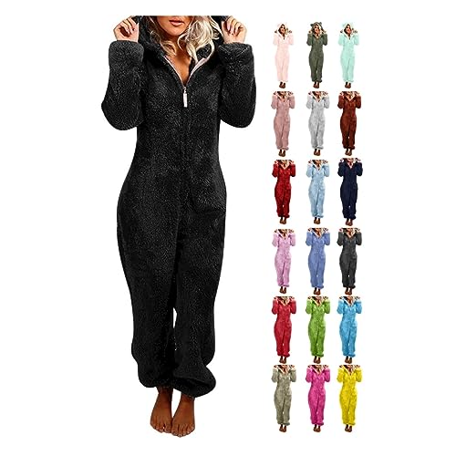 Awrvia blitzangebote des Tages Jumpsuit Damen Warm Elegant Schlafanzug Winter Overall Teddy Fleece Einteiler Onesie Kuschelig Lang Pyjama Flauschig Weich Hausanzug mit Kapuze Schlafoverall von Awrvia