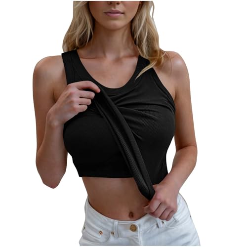 Damen Baumwolle Stretch Sommer Unterhemd Basic Tank Top Integriertem BH Ärmellose Yoga Workout Oberteil mit Cups Sport Shirts Regal Rundhalsausschnitt Bequeme BH Slim Cami Bluse von Awrvia