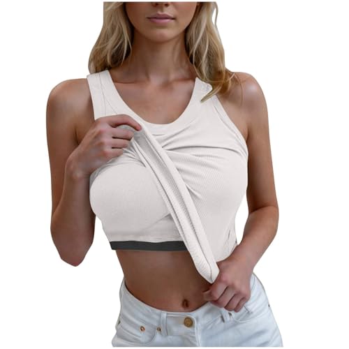 Damen Baumwolle Stretch Sommer Unterhemd Basic Tank Top Integriertem BH Ärmellose Yoga Workout Oberteil mit Cups Sport Shirts Regal Rundhalsausschnitt Bequeme BH Slim Cami Bluse von Awrvia