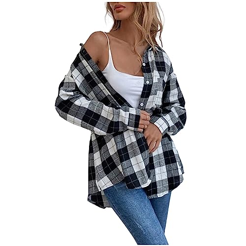 Karierte Bluse Damen Klassisch Karohemd Flanell Bluse Langarm Knopfleiste Baumwolle Hemd Bluse Casual Weich Shirt Schickes Vintage Trachtenhemd Sportlich Übergang Jacken Lang Mantel von Awrvia