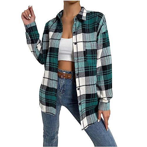 Karierte Bluse Damen Klassisch Karohemd Flanell Bluse Langarm Knopfleiste Baumwolle Hemd Bluse Casual Weich Shirt Schickes Vintage Trachtenhemd Sportlich Übergang Jacken Lang Mantel von Awrvia