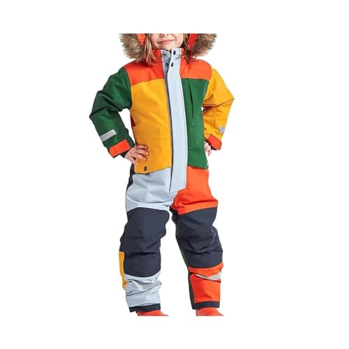 Schneeanzug Kinder Warmes Daunenjacke Set Wasserdichter Winter Skijacke Softshell Dickere Skihose Fellkragenkapuze Winddichter Skianzug Reflektierenden Streifen Schneeoverall (120, 01-mehrfarbig) von Awrvia