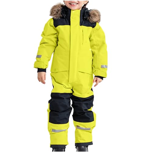 Schneeanzug Kinder Warmes Daunenjacke Set Wasserdichter Winter Skijacke Softshell Dickere Skihose Fellkragenkapuze Winddichter Skianzug Reflektierenden Streifen Schneeoverall (100, 03-minzgrün) von Awrvia