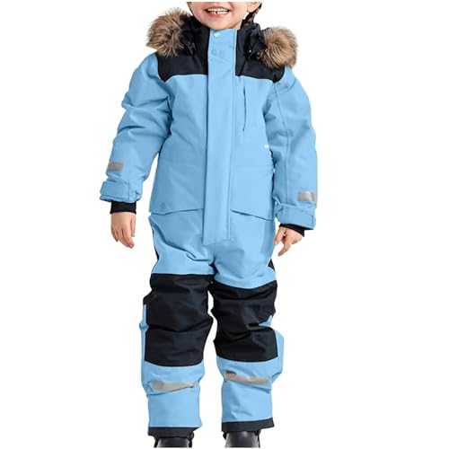 Schneeanzug Kinder Warmes Daunenjacke Set Wasserdichter Winter Skijacke Softshell Dickere Skihose Fellkragenkapuze Winddichter Skianzug Reflektierenden Streifen Schneeoverall (110, 03-hellblau) von Awrvia