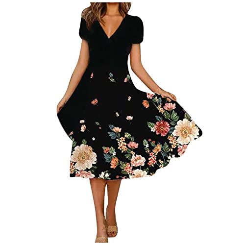 Sommerkleid Damen Lang Abendkleid V-Ausschnitt A-Linie Kleider Festliche Ballkleider Vintage Rockabilly Cocktailkleid Kurzarm Swing Freizeitkleid Große Größen Strandkleid Chiffon Partykleid von Awrvia