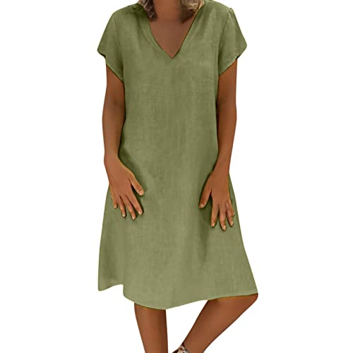 Sommerkleid Damen Leinen Kleider Casual Leicht Midikleid Kurzarm A-Linie Freizeitkleid Luftige Strandkleid Swing Partykleid Kuschelig Hemdkleid Slim Fit Tanzkleid Große Größe Partykleid von Awrvia