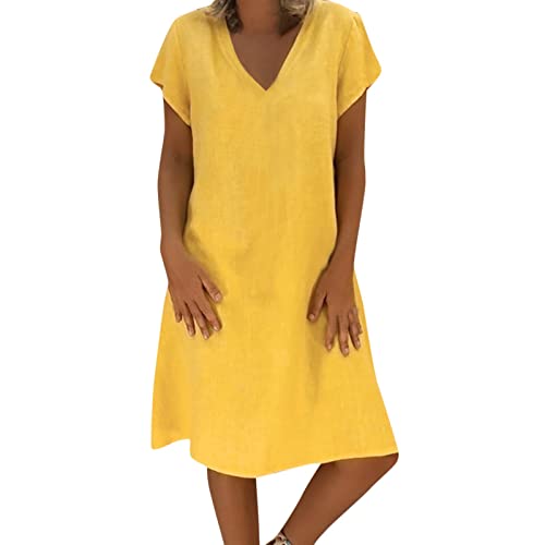Sommerkleid Damen Leinen Kleider Leicht Casual Midikleid Kurzarm A-Linie Freizeitkleid Luftige Strandkleid Swing Partykleid Kuschelig Hemdkleid Slim Fit Tanzkleid Große Größe Partykleid von Awrvia