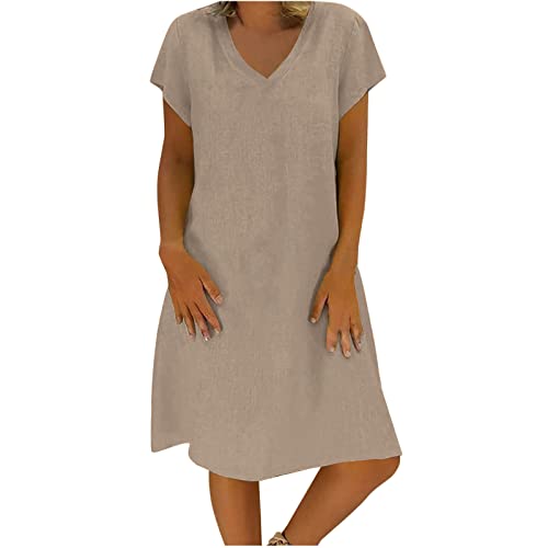 Sommerkleid Damen Leinen Kleider Leicht Casual Midikleid Kurzarm A-Linie Freizeitkleid Luftige Strandkleid Swing Partykleid Kuschelig Hemdkleid Slim Fit Tanzkleid Große Größe Partykleid von Awrvia