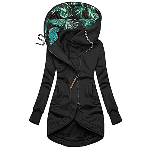 Sweatjacke Damen mit Kapuze Outdoorjacken Weiche Baumwolle Langarmjacke Hohe Mode Herbstmantel Elegant Retro Übergangsjacke Temperament Solid Steppjacke Parka Lässig Kapuzenpullover von Awrvia