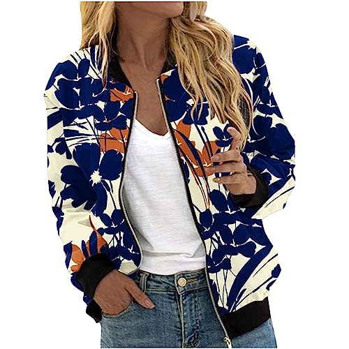 Übergangsjacke Damen Oversized Bomberjacke Vintage College Jacke ReißVerschluss Herbst Pilotenjacke Y2K Moden Winterjacke Blumenmuster Freizeitjacke Leichte Kurz Outwear Solid Casual Mantel von Awrvia