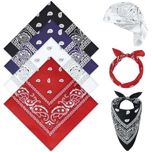 Awumbuk 4 Stück Bandana, Kopftuch Herren Sommer Halstuch Herren Piraten Paisley Muster Bandanas Damen Kinder Kopftücher Haar Schal Kopf Biker 55 * 55 Cm (Rot Weiß Schwarz Blau) von Awumbuk